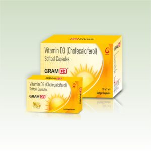 Gram D3 Softgel Capsule strip showing vitamin D3 (cholecalciferol 60000 IU) softgels from Ingram Biosciences for vitamin D deficiency and bone health.