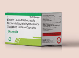 GRAMOZ‑IT Capsule strip showing Rabeprazole 20 mg and Itopride 150 mg SR gastro‑resistant capsules for acidity and reflux relief from Ingram Biosciences.