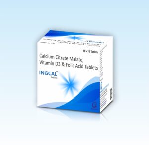 Ingcal Tablet strip showing calcium citrate malate, vitamin D3 and folic acid tablets from Ingram Biosciences for bone health support.