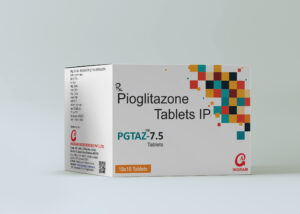 PGTAZ‑7.5 Tablet blister strip showing pioglitazone 7.5 mg tablets for type 2 diabetes management from Ingram Biosciences.