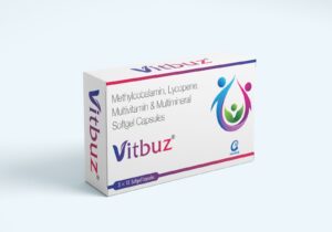 VitBuz Softgel Capsule strip of red softgels from Ingram Biosciences containing methylcobalamin, folic acid, vitamin B6, vitamin D3, lycopene and minerals.