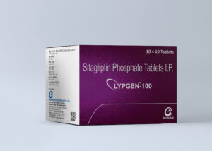 Lypgen 100 Tablet strip showing sitagliptin 100 mg tablets for type 2 diabetes management from Ingram Biosciences.