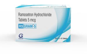 RSGRAM 5 Tablet strip showing Ramosetron Hydrochloride 5 mcg antiemetic tablets from Ingram Biosciences.