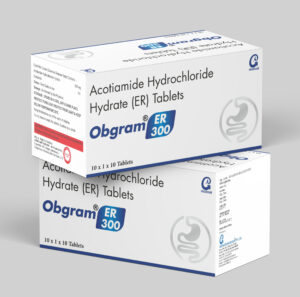 Obgram ER 300 Tablet strip of acotiamide 300 mg extended‑release tablets from Ingram Biosciences for functional dyspepsia and indigestion.