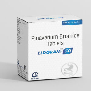 Eldgram 50 Tablet strip showing Pinaverium bromide 50 mg antispasmodic tablets from Ingram Biosciences for IBS symptom relief.
