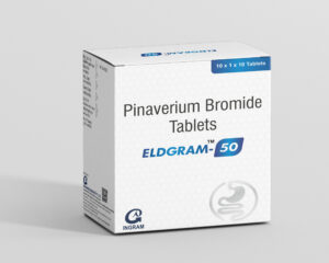 Eldgram 50 Tablet strip showing Pinaverium bromide 50 mg antispasmodic tablets from Ingram Biosciences for IBS symptom relief.