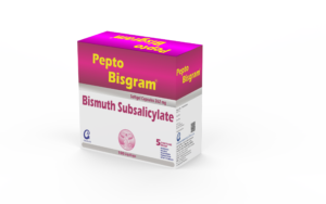 Pepto Bisgram 262 mg Softgel Capsule pack from Ingram Biosciences containing Bismuth Subsalicylate 262 mg for diarrhea and upset stomach relief.